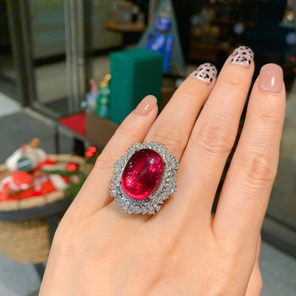 Gemfiori Fashionable and Exquisite Oval Pigeon Blood Red Gemstone Face Full of Zirconium Inlaid Ring Pendant Set Main Stone Jewelry