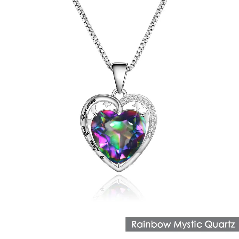 ArtistA Abiding Personality Engraved Romantic 925 Sterling Silver Heart Cut Rainbow Bluish Lolite Mystic Quartz Pendant Necklaces