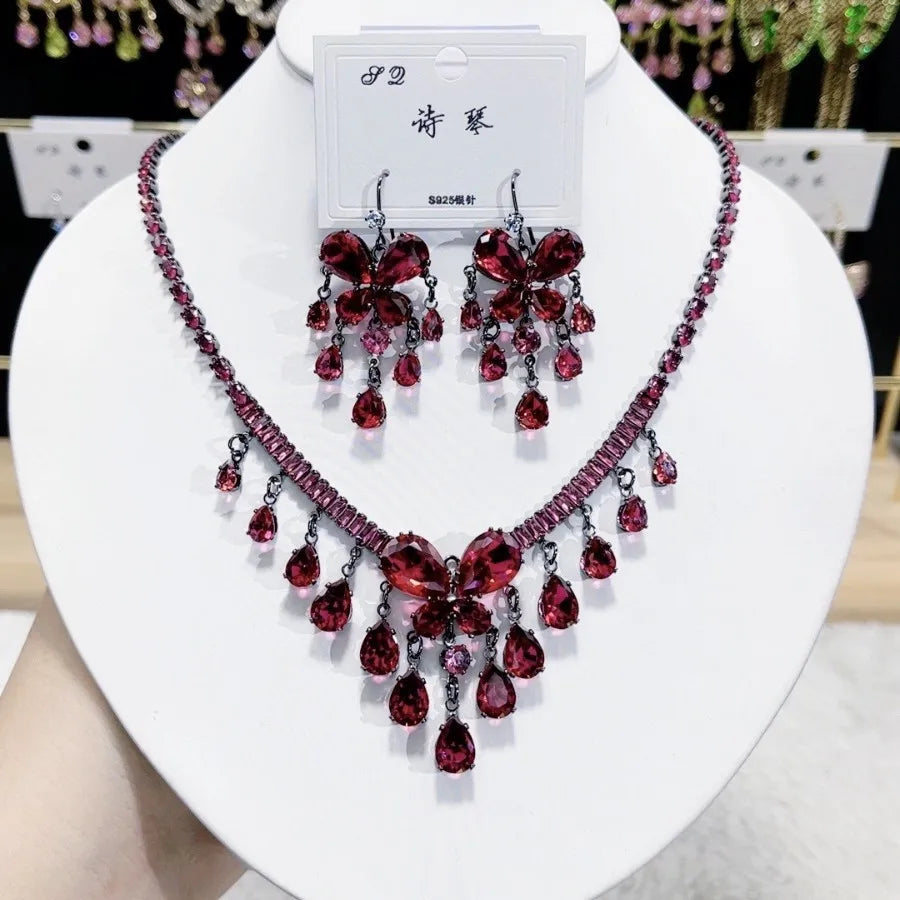 K082 Women Trendy Luxurious Tassel Red Zircon Butterfly Bridal Necklace Earrings Set Wedding Elegant Jewelry Set