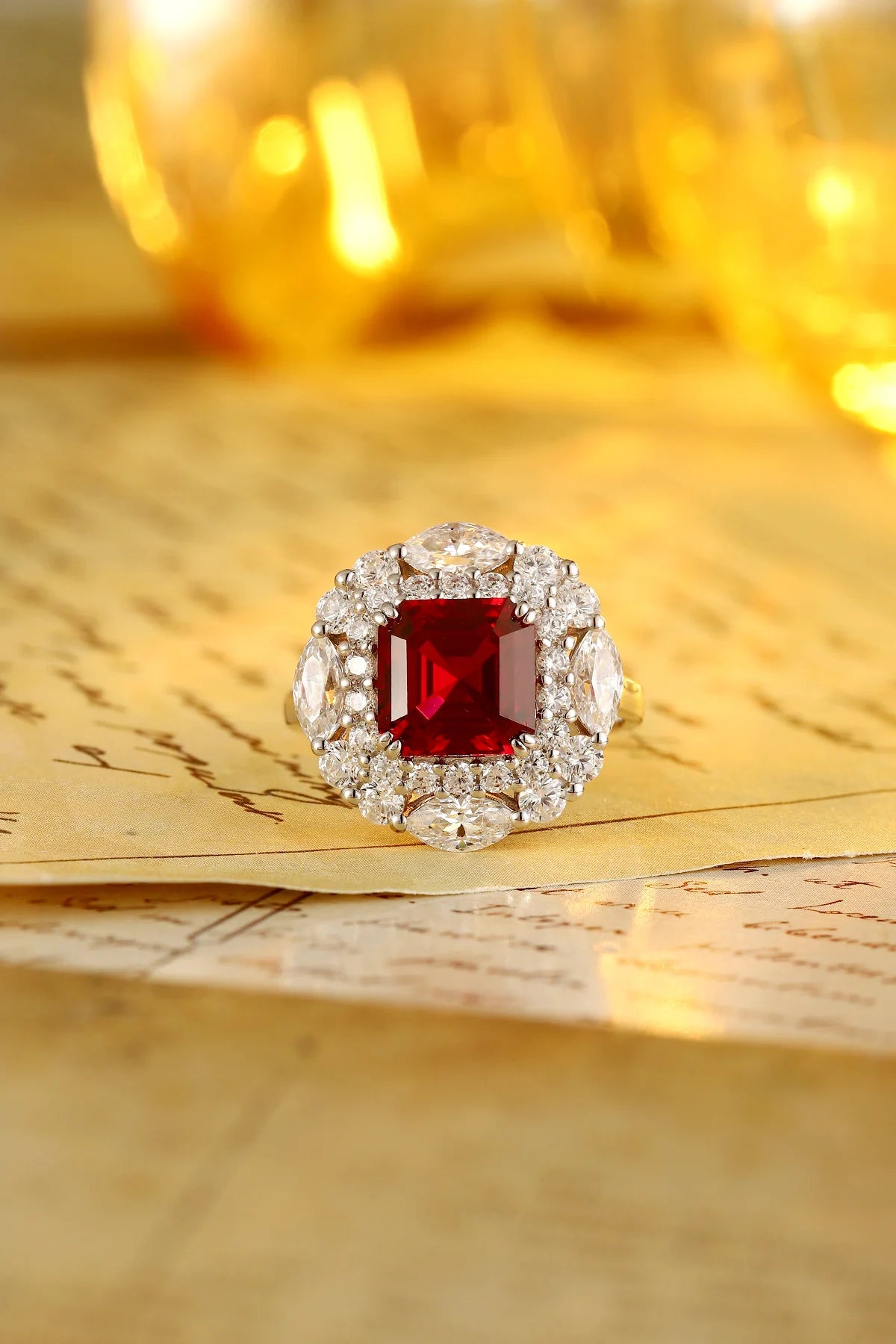 Gemfiori Hot Selling Asscher Cut Lab Grown Ruby Ring Sweet Elegant Vibe Fadeless Finish Premium Luxury High Grade Jewelry Piece