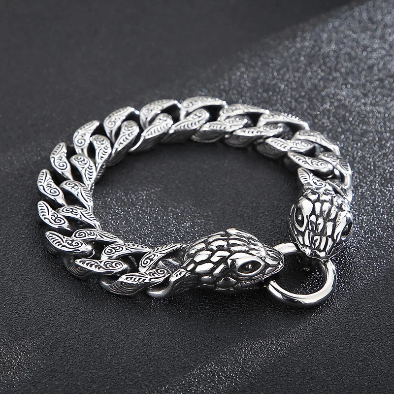 KALEN Men Punk Stainless Steel Ring Clasp Cuban Bracelet With Snake Charms