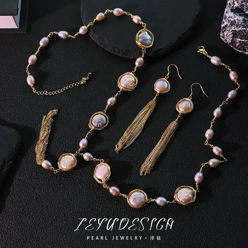 Baroque Natural Freshwater Pearl Pearl Chain Earrings Necklace Set Luxurious Design Set Gift Wedding Banquet GS0215