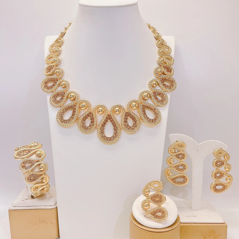 Zhuerrui Retro Infinity Gold Plated Textured Chain Jewelry Set Women Necklace Earrings Bracelet Ring Daily Wear Jewelry I0100
