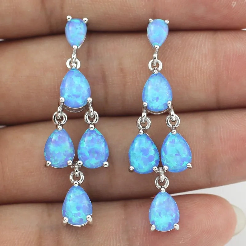 Hawaii Ocean Wave Blue Opal Brass Pendant Earrings Trendy Christian Dainty Drop-Shaped Beach Gift Jewelry