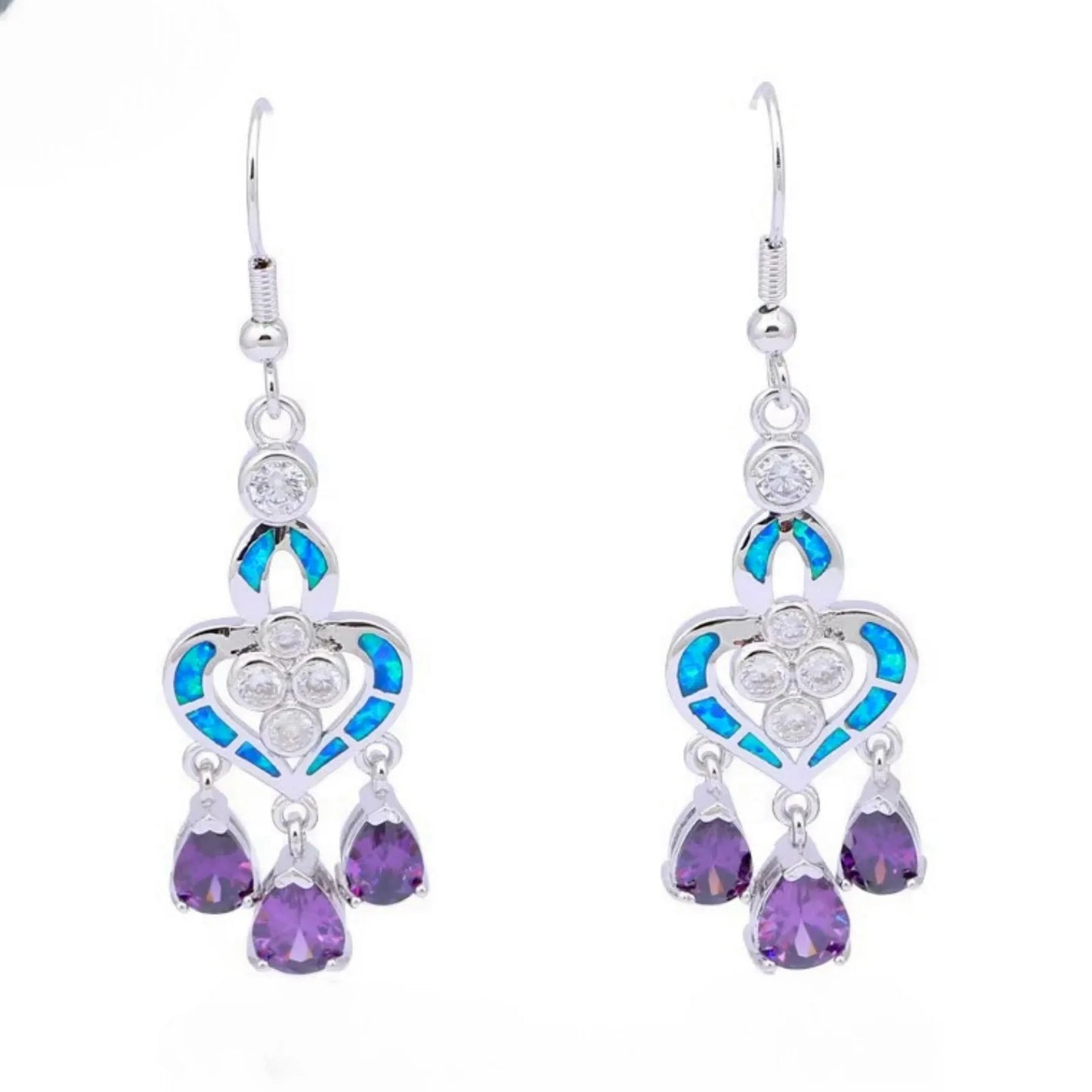 Ornate Heart Opal & Amethyst Drop Earrings - Blue Opal Inlay & Purple Gem Tassels | Glam Party Jewelry Bulk Gifts