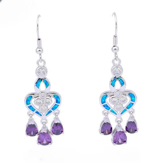 Ornate Heart Opal & Amethyst Drop Earrings - Blue Opal Inlay & Purple Gem Tassels | Glam Party Jewelry Bulk Gifts