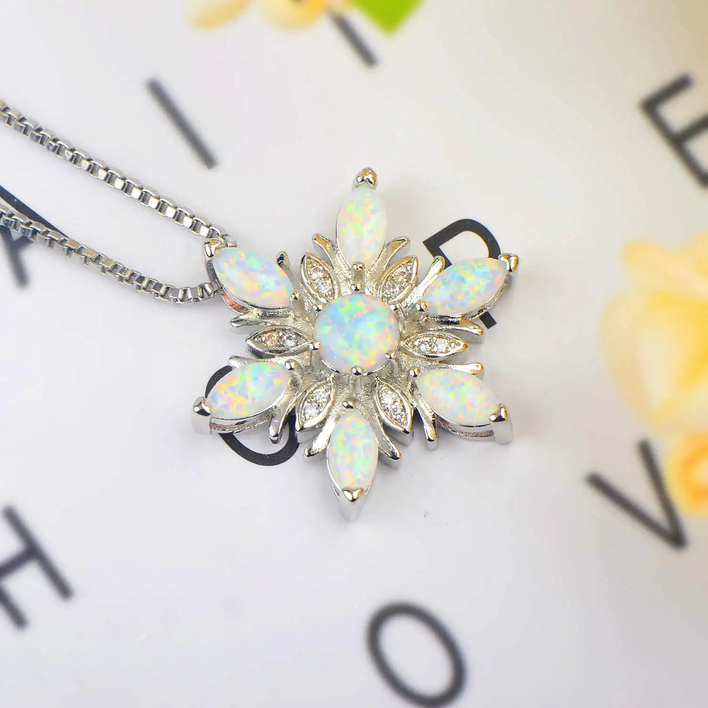 White Fire Opal Lab Created Marquise Stone Pendant Cute Snowflake Design Women's Trendy Silver Copper Box Chain Necklace Wedding