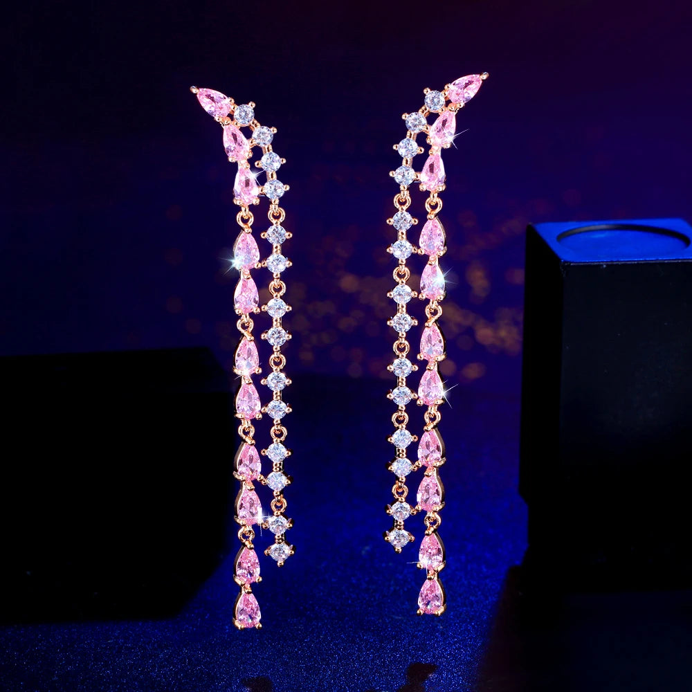 S&S Pink CZ Long Tassel Ear Line Drop Earrings – 7cm Gold Plated – Collection