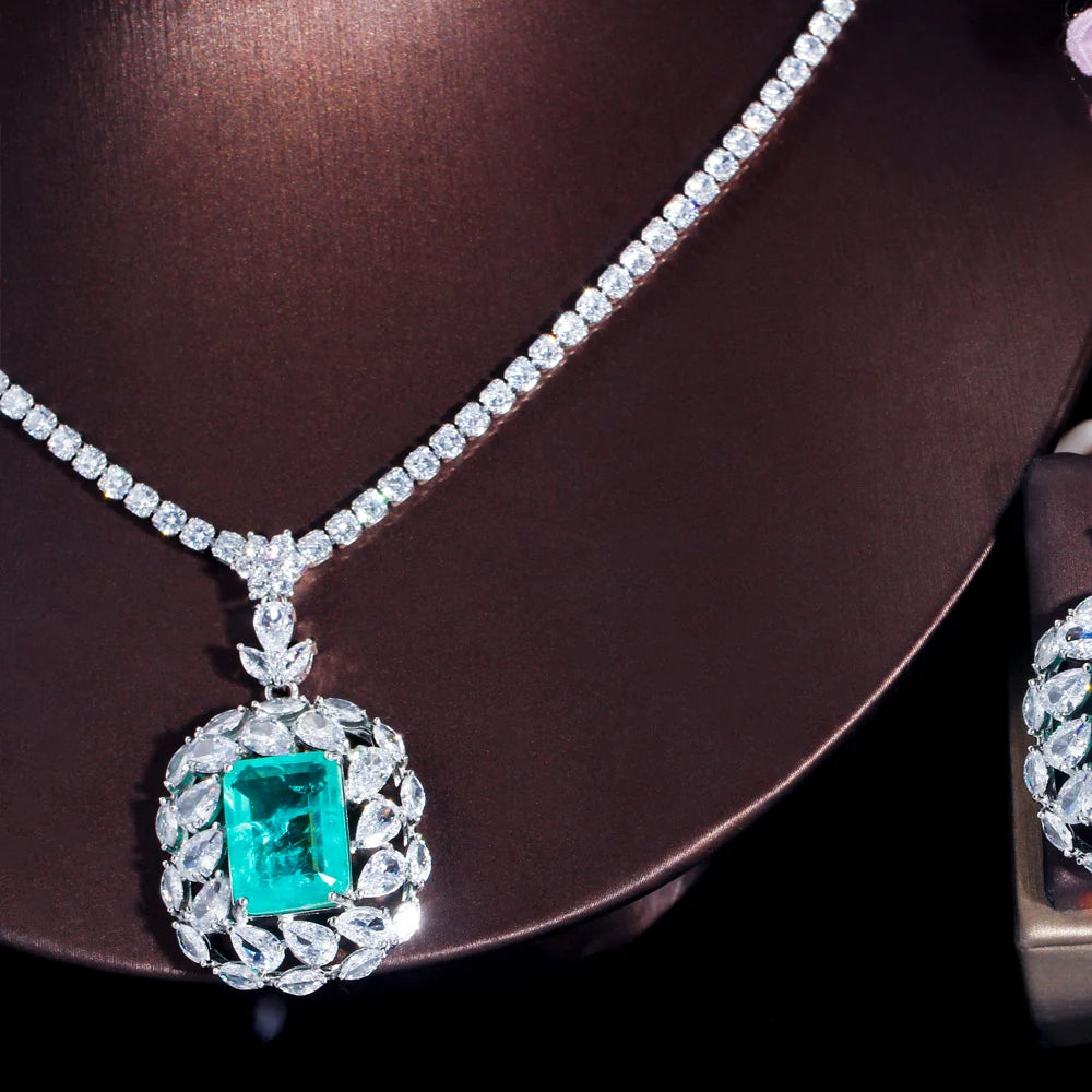 Silver Plated Green Princess Cut Cubic Zirconia Drop Necklace and Earring Jewelry Set for Women Bridal Engagement Luxury Costume