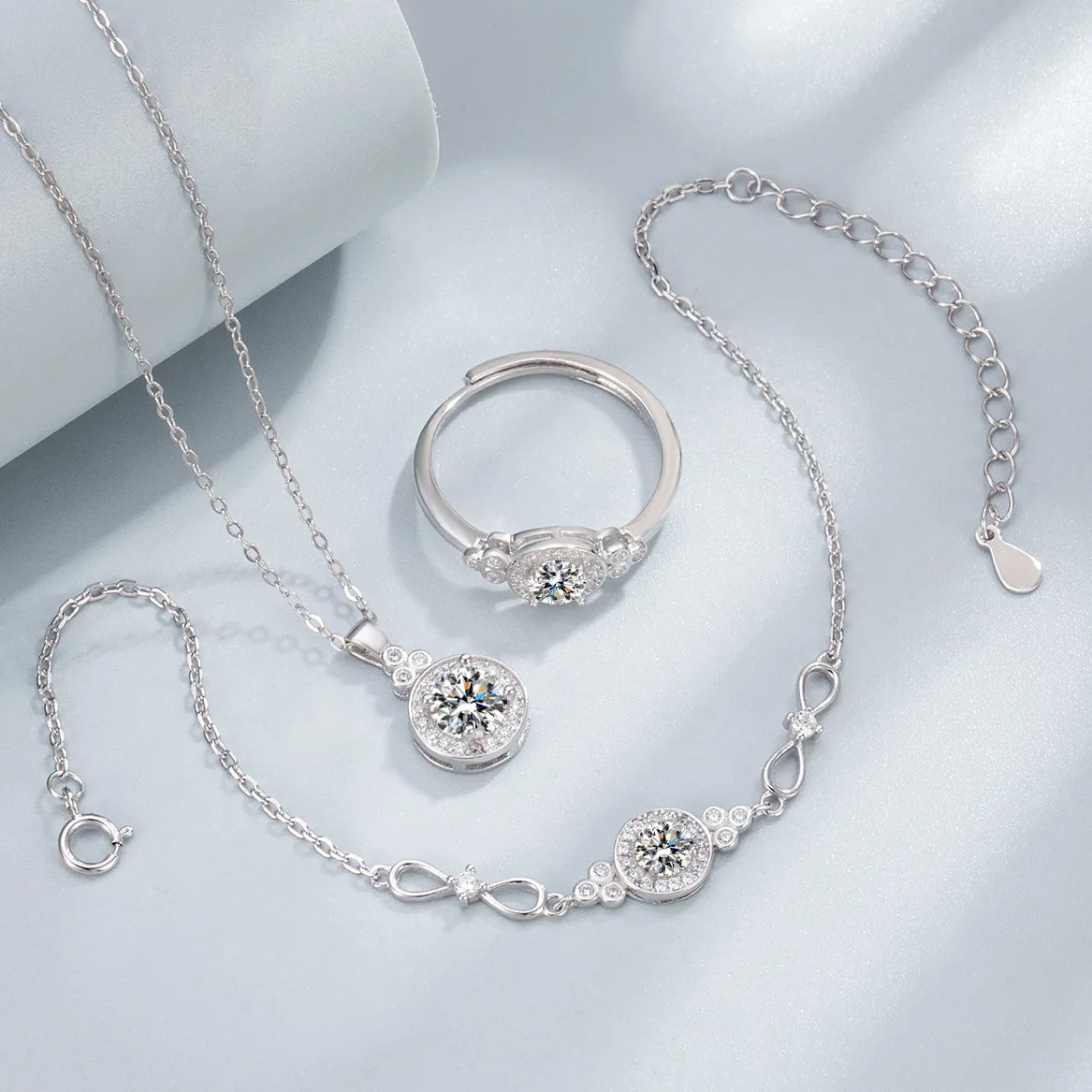 S&S 925 Sterling Silver Zircon Square Jewellery Set | Necklace, Bracelet & Ring | Platinum & Gold | S&S Collection