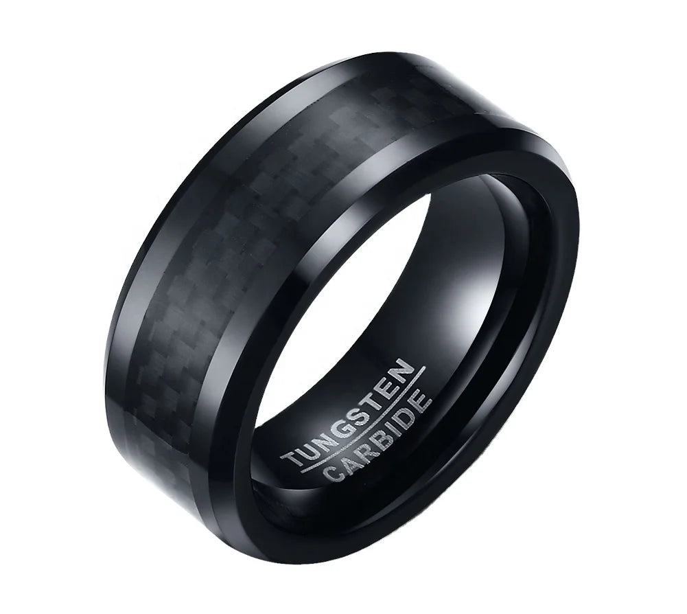 POYA Jewelry 8mm Black Tungsten Ring Inlaid Black Carbon Fiber One Piece MOQ