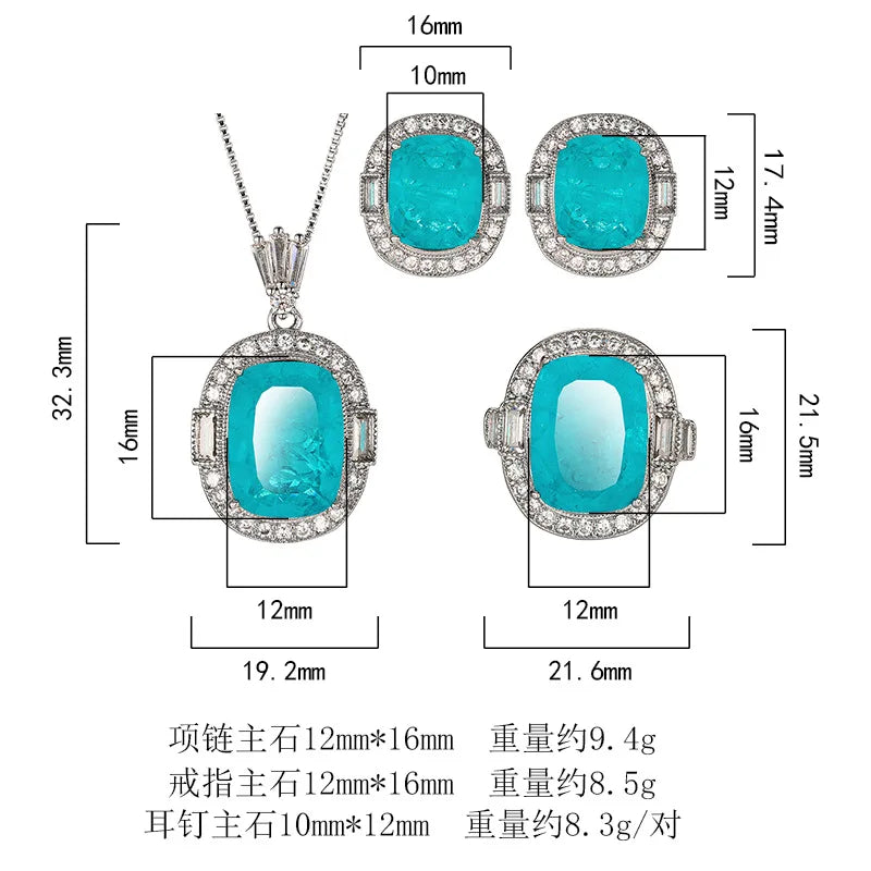 REDheart Women's Copper Inlaid Zircon Gold-Plated Flower Open Ring Simulation Paraiba Blue Fashion Necklace Pendant Set