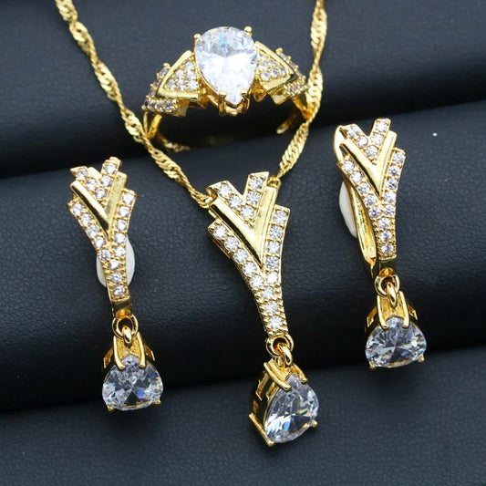 Customizable 18K Gold Plated White Zirconia Long Water Drop Style Alloy Set for Women's Wedding Party Engagement Zircon Gift