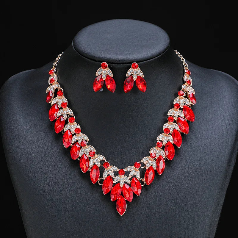 Retro Crystal Flower Clavicle Necklace & Earrings Set | Exaggerated Rhinestone Fashion Jewellery | 5 Colours
