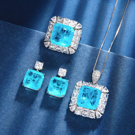 Square Heavy Industry Zircon Set Jewelry Exquisite Pendant Earrings Ring Jewelry Three Piece Set