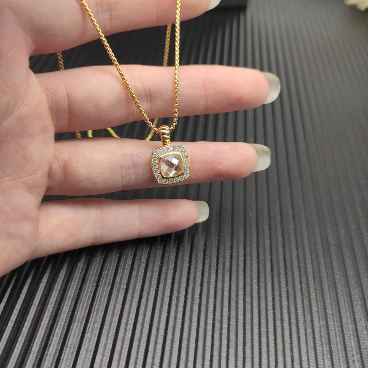 Gemfiori FASHIONISTA DY High-Quality Silver-Plated 7mm Square Diamond Necklace. Gold-Plated 7mm Colored Gemstone Necklace. Jewelry.