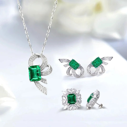 S&S Lab Grown Colombian Emerald 925 Silver Jewellery Set | Ring, Necklace & Earrings | S&S Collection
