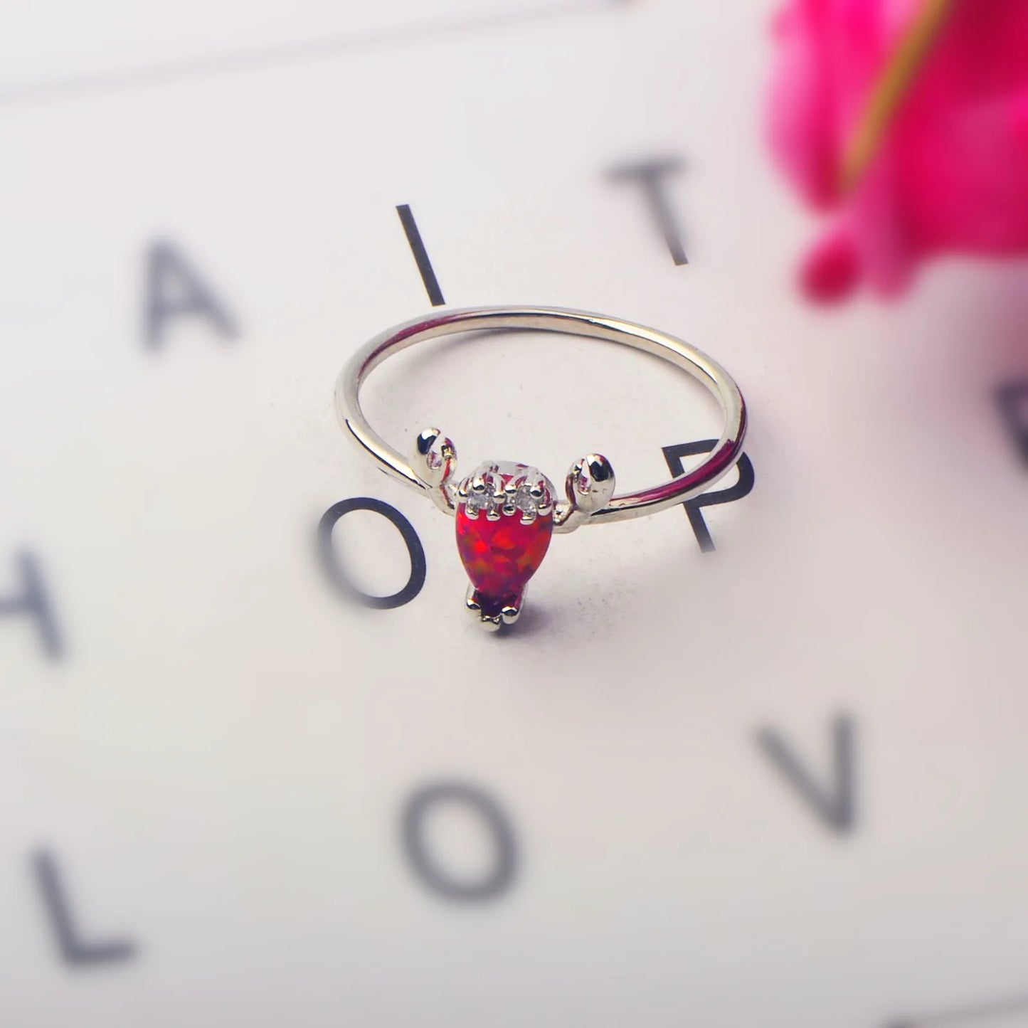 Cute Crab Shape Opal Ring | Red Iridescent Gemstone & Zircon Accent | Animal Jewelry for Women Trendy Daily Wear