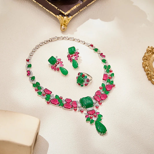 Gorgeous Retro Necklace Earrings Ring 3-piece Set Carved Embossed Pattern  Colorful Zircon Dubai Luxury Brass Jewelry