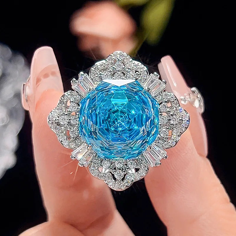 Gemfiori Luxury Korean Style Necklace Ring Earring Sea Blue Zircon French Retro Women's Elegant Set