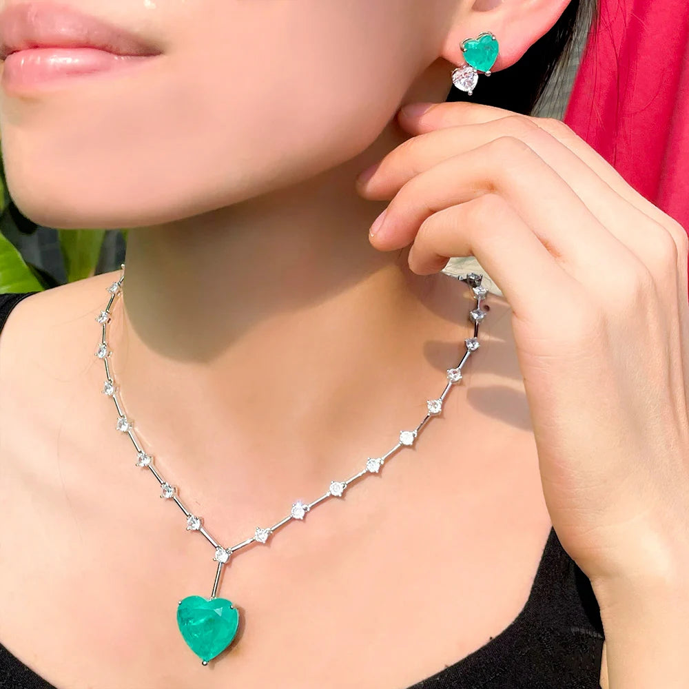 Beautiful Romantic Titanic Large Blue Ocean Love Heart Pendant Necklace and Earrings Bridal Green CZ Jewelry Set for Women Gift