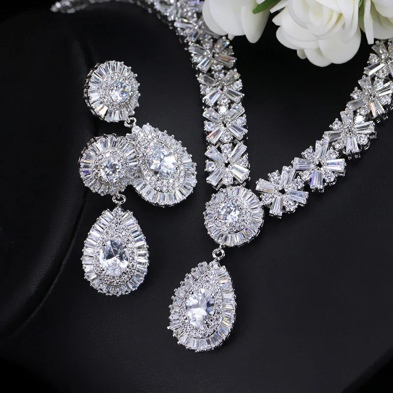 Popular American Style Full Cubic Zircon Inlay Water Drop Shape Pendant Wedding Bridal Jewelry Set for Women Honorable Jewelry