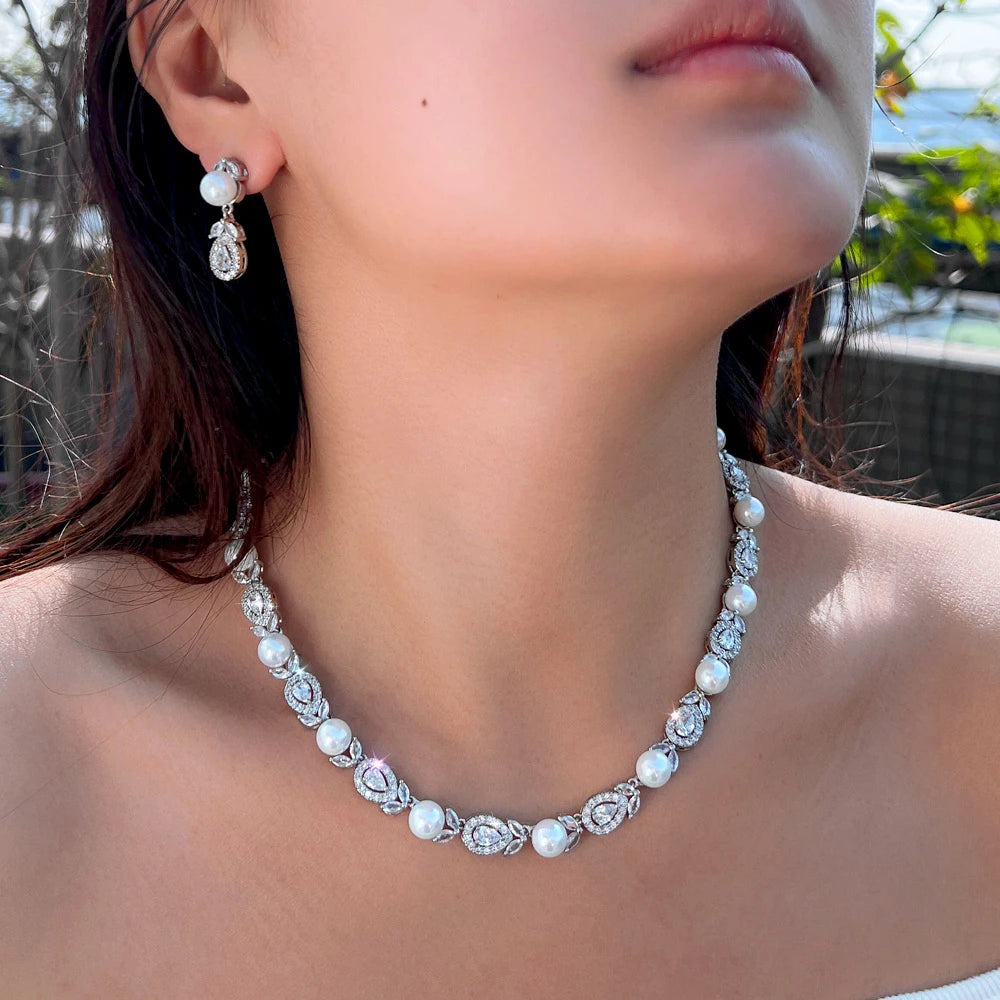 Dainty Leaf Shape Necklace and Earrings Cubic Zircon Imitation Pearl Bridal Jewelry Set for Women Wedding Gifts