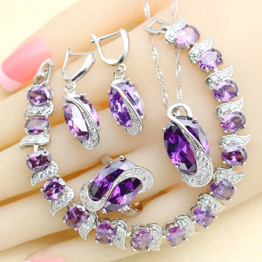 Purple Crystal 925 Sterling Silver Jewelry Set Luxury Design Wedding Earrings Bracelet Rings Necklace Pendant Set