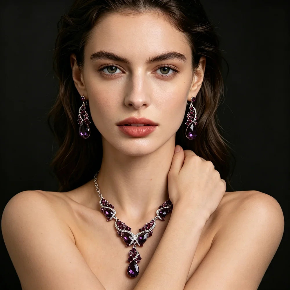 Luxury Princess-Cut Zirconia & Pearl Floral Statement Necklace & Drop Earrings Set — Silver Plated