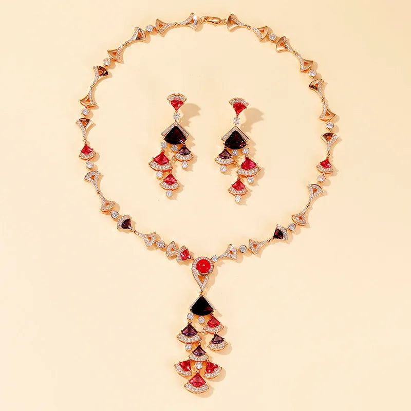 Luxury Zirconia Fan Design Pendant Necklace & Earrings Classic Middle Eastern Bridal Set — Rhodium Plated