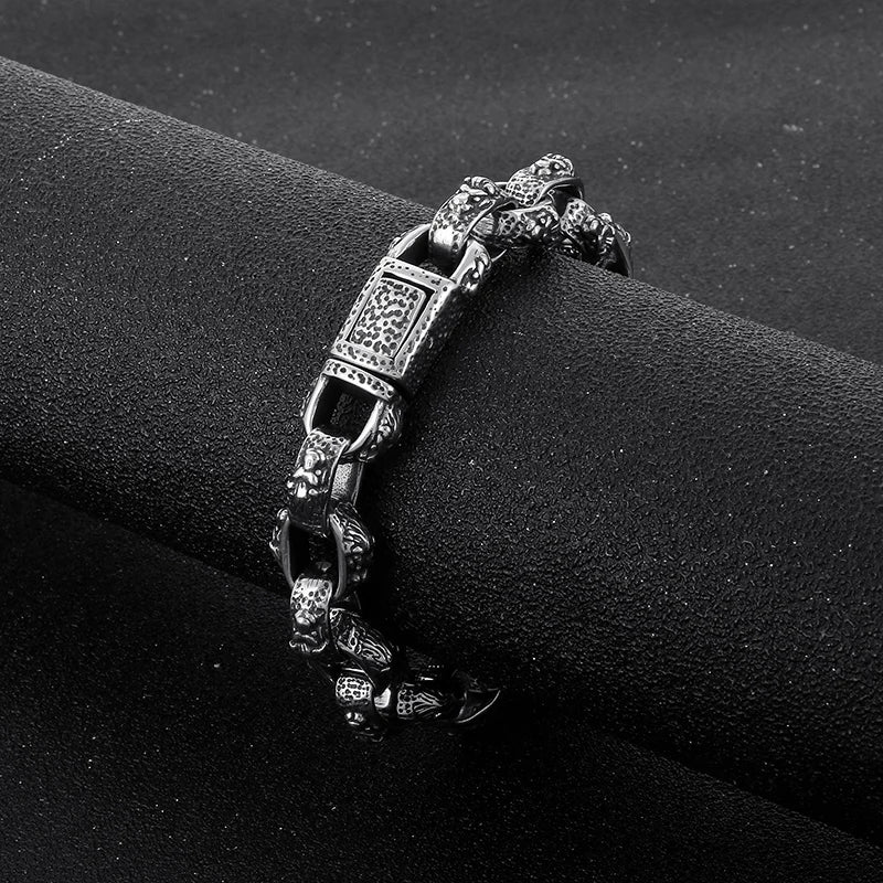KALEN 220mm Men Punk Stainless Steel Lion Head Patterns Oval Links Bracelet
