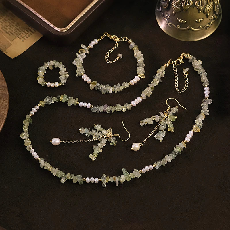 GLSEEVO Natural Freshwater Pearl & Green Prehnite 4-Piece Jewellery Set — Necklace, Bracelet, Earrings & Ring