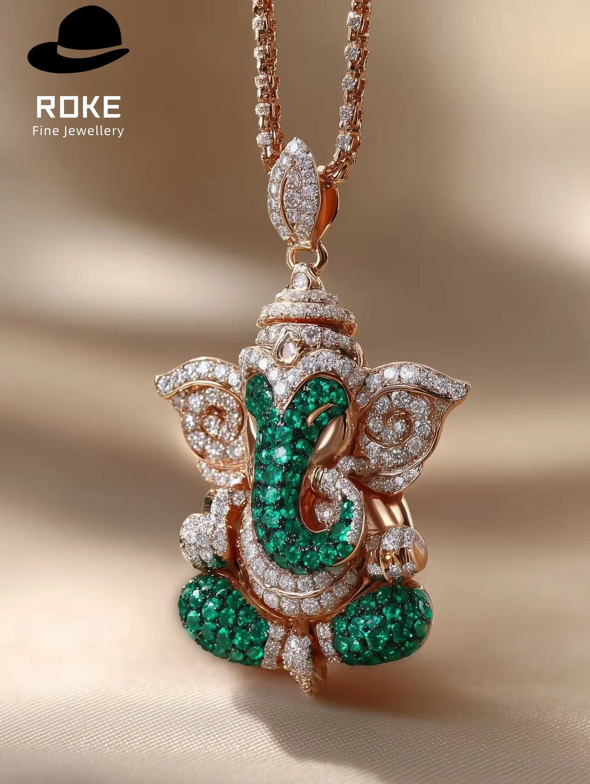 Gemfiori Luxury Ganesha Pendant 9K-18K Gold W/ Tsavorite & Lab Diamonds - IGI Certified Cultural Jewelry