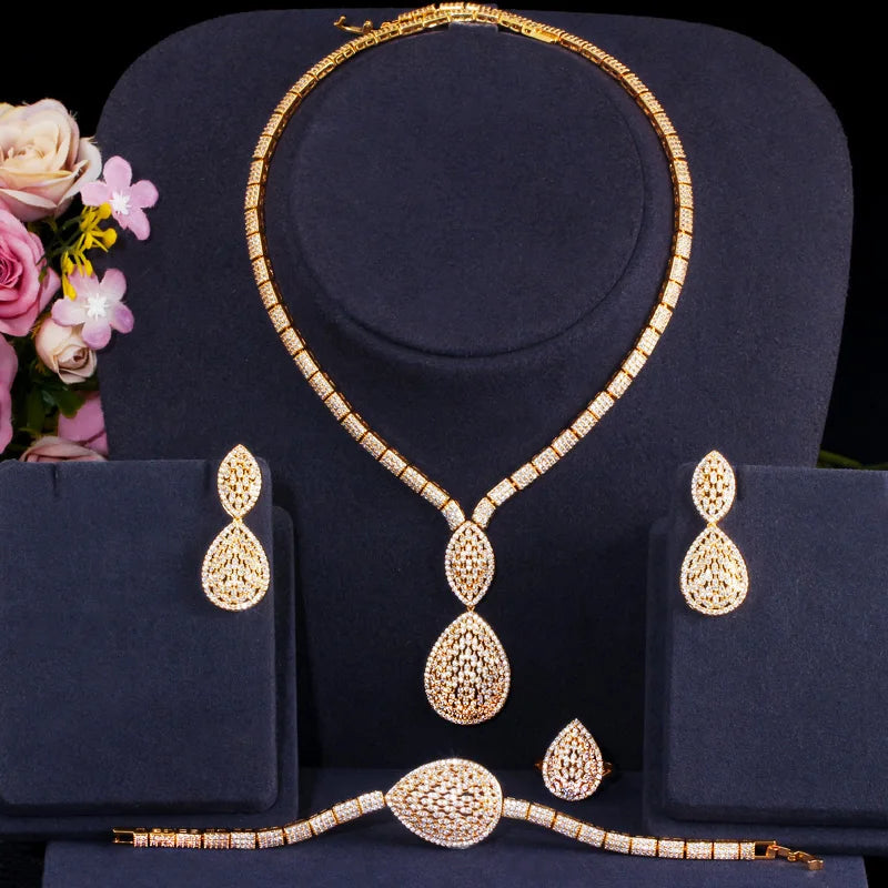 Hollow Design CZ Zircon Party Earring Bracelet Ring Necklace 4pcs Luxury Jewelry Sets African Gold Bridal Costume for Women