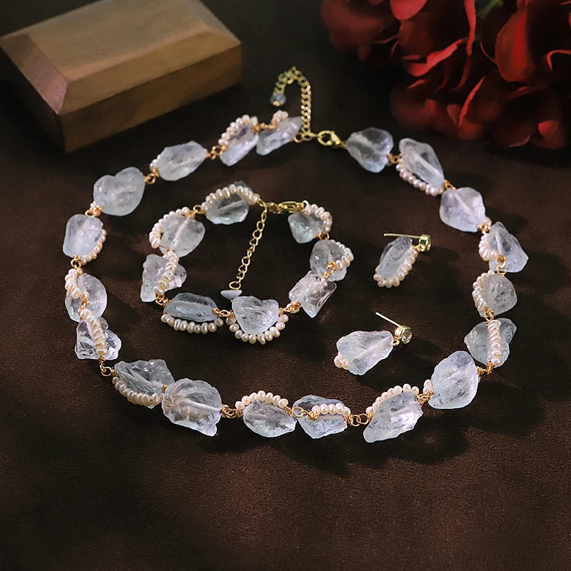 Natural Freshwater Pearl Aquamarine Jewelry Set for Women Dating Daily Party Gift Pearl Jewelry Set Ocean Style Dainty Jewelry