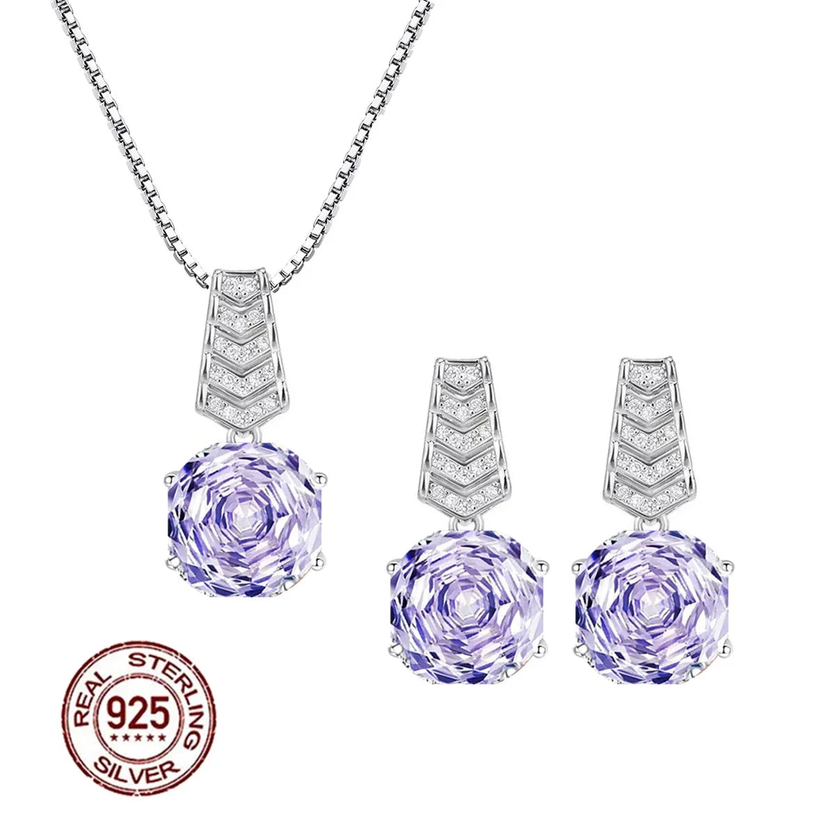 New Arrivals Sparkling High Carbon Rose CZ Flower Cut Cubic Zirconia Necklace and Earrings Purple Jewelry Set for Women