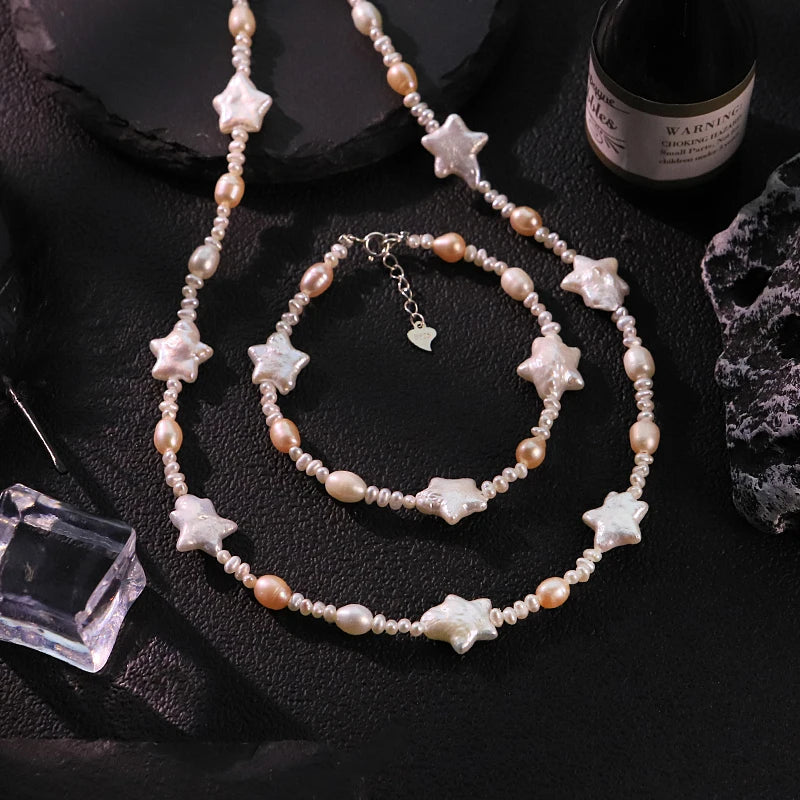 GLSEEVO Natural Freshwater Star Shape Pearl Jewelry Set for Women Birthday Party Pearl Necklace Bracelet Set Fashion Jewelry