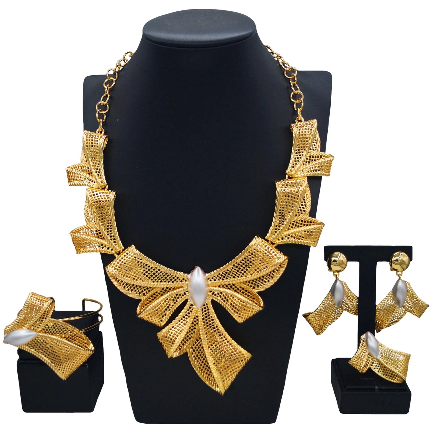 Zhuerrui New =Italian Jewelry 4-piece Set Gold Plated Bow Mesh Copper Ring Fashion Exquisite Ladies Party Jewelry Gift BoxH00774