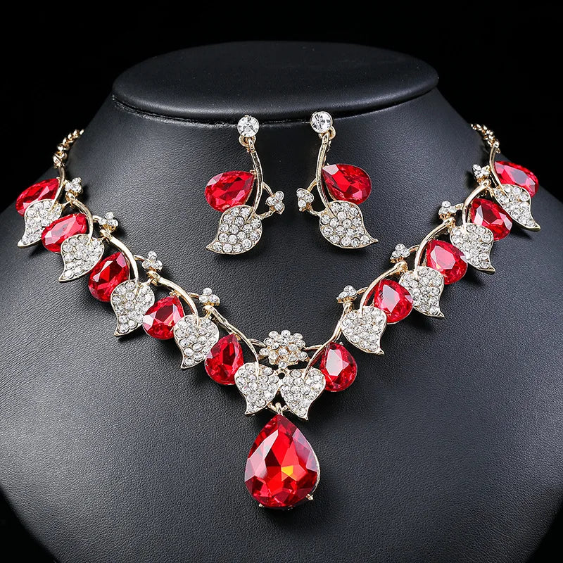 Leaf & Crystal Geometric Necklace & Earrings Jewellery Set | Retro Vintage Fashion Set
