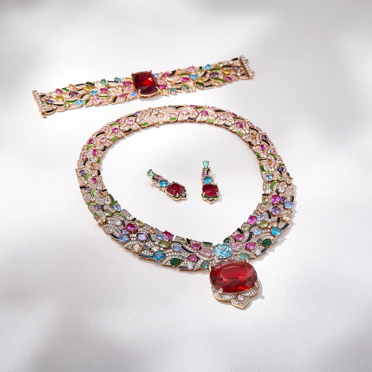 Luxury Colorful Gemstone Jewelry Set Gold Plated Enamel Heavy Design Brand Style Evening Party Dress Accessories