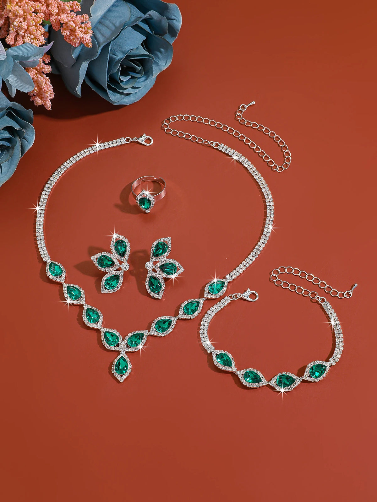 S&S Fashionable Wedding Jewelry Set: Teardrop Rhinestone Earrings, Necklace, Bracelet