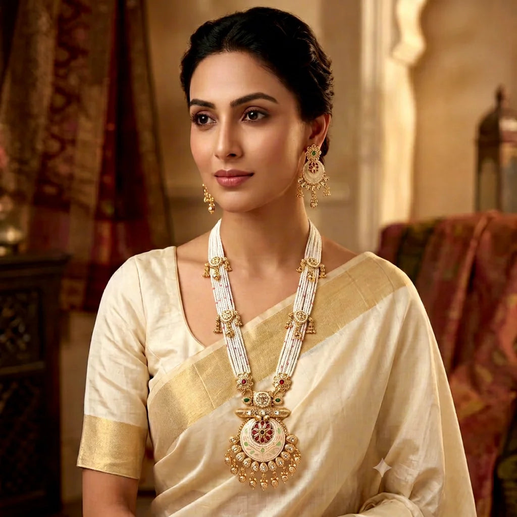 Premium Antique Gold Pearl Beaded Bridal Necklace Set with Designer Earrings Traditional Wedding Fashion Jewelry Set