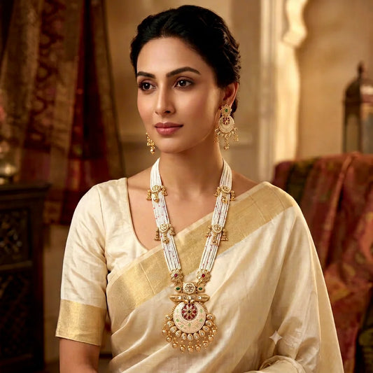 Lakshmi Premium Antique Gold Pearl Beaded Bridal Necklace Set with Designer Earrings Traditional Wedding Fashion Jewelry Set