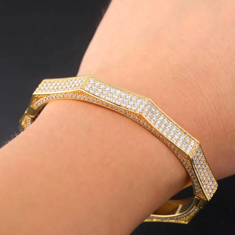 New Design Gold Silver Color Zircon Prong Setting Iced Out Brass Gold Plated Zircon Shiny HipHop Finger Bracelet Men Women Gifts