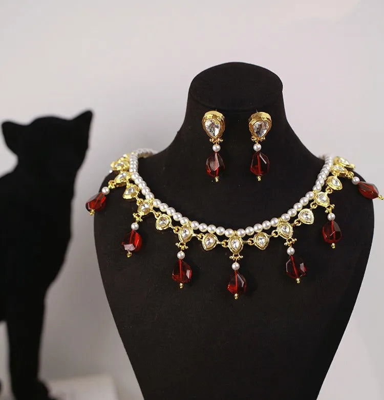 XM S140 Vintage Red Teardrop Gemstone Pearl Jewelry Set for Wedding Party and Formal Occasions