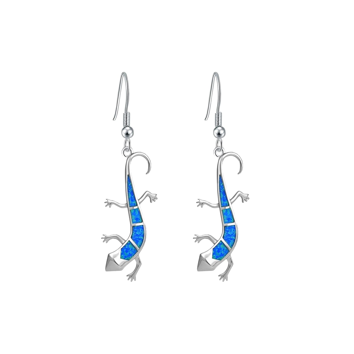 Geometric Opal Gecko Earrings - Blue Fire Opal Solitaire & CZ Accent Design | Elegant Formal Jewelry Bulk Gifts