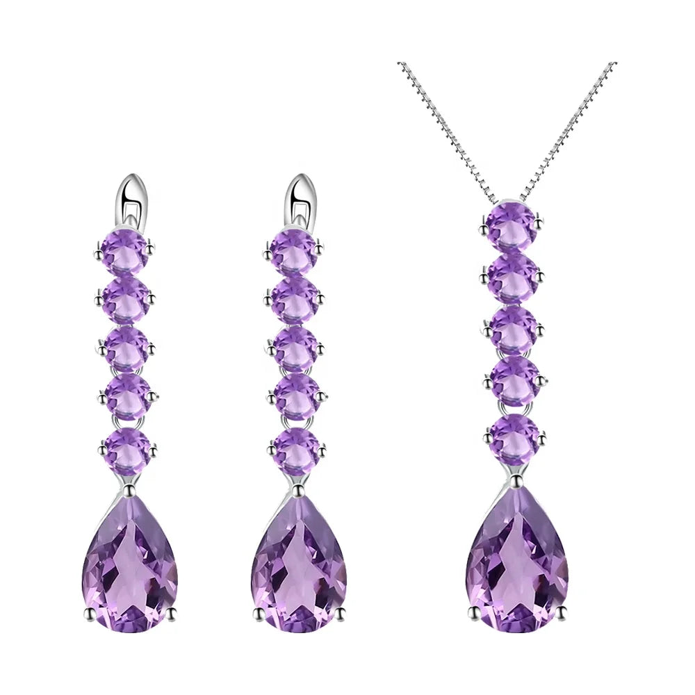 ArtistA Abiding Vintage Pear Cut Natural Amethyst Gemstone 925 Silver Long Dangle Drop Earrings Pendant Jewelry Set for Women