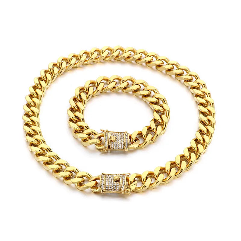 REBEL European American Women's Stainless Steel 316L Cuban Chain Bracelet CNC Exaggerated Zircon for Gift Jewelry Set