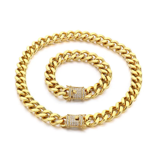 Kalen European American Women's Stainless Steel 316L Cuban Chain Bracelet CNC Exaggerated Zircon for Gift Jewelry Set