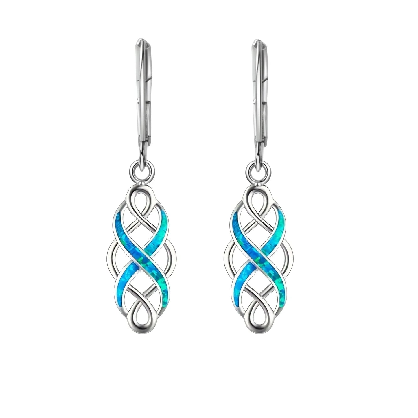 Blue Opal Infinity Earrings | Silver Twisted Design Drop Jewelry